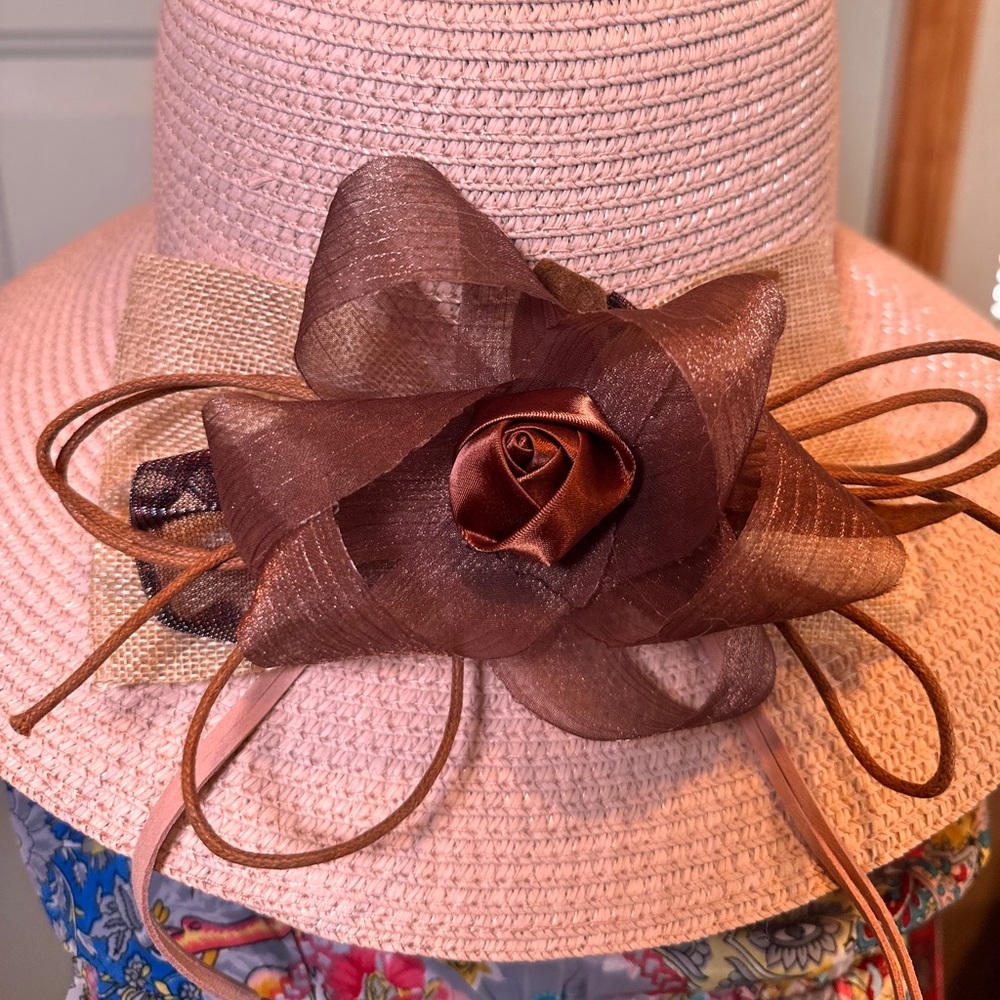 Elegant Pink Sun Hat with Brown Floral Accent #98